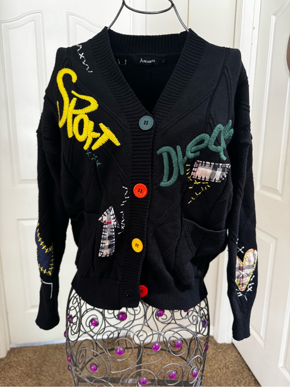 Black Embroidered Button-Front Cardigan with Multicolor Buttons